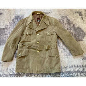 VTG EUROPE CRAFT Mens Sz 46 Large Corduroy Belted Jacket Peacoat Tan Brown Lined